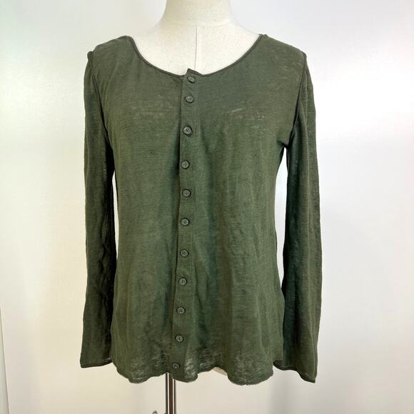 Apiece Apart Green Linen Top Long Sleeves Scoop Neck Button Front - Picture 1 of 9